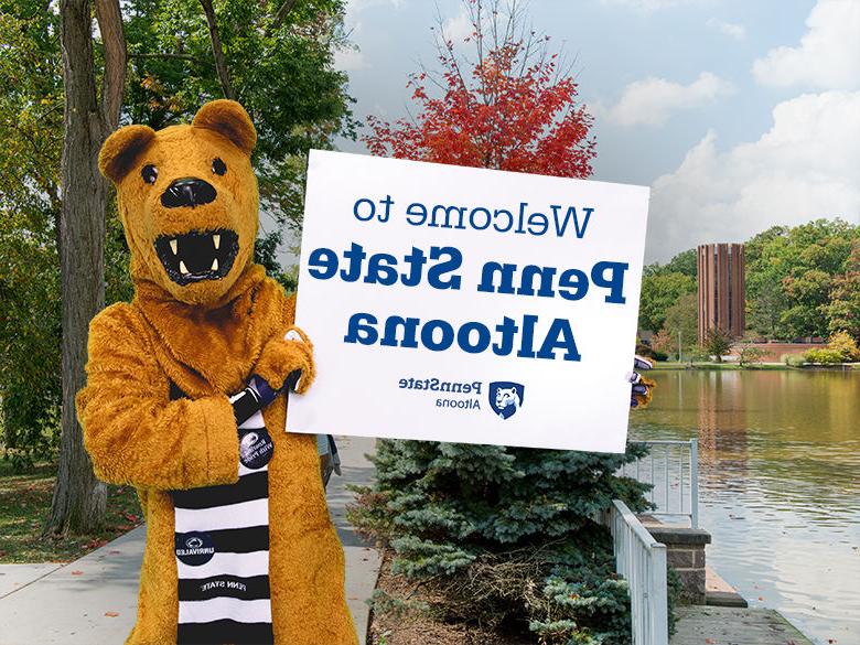 The Nittany Lion mascot holding up a sign reading Welcome to <a href='http://a48jywp.web-sitemap.nhogame.com'>十大网投平台信誉排行榜</a>阿尔图纳分校